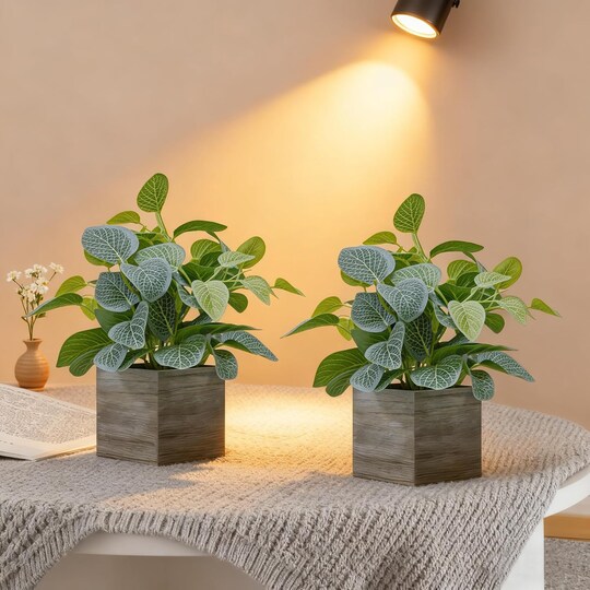 Citrus; 2-Pack 12” Artificial Eucalyptus Plants in Wooden Pots – Realistic Faux Potted Silk Greenery – Indoor Desk & Shelf Home Decor for Living Room, Bedroom & Office; Category:Potted Plants; Image:1